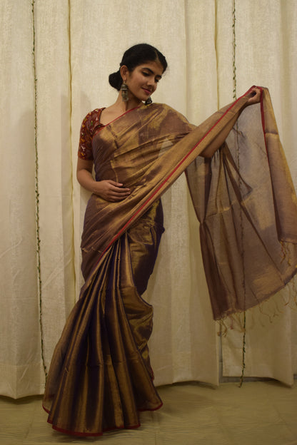 Rukmini : Gold-Lavender Mul-Zari Tissue Saree