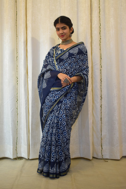 Nirjara: Indigo Hand block Print Cotton Saree