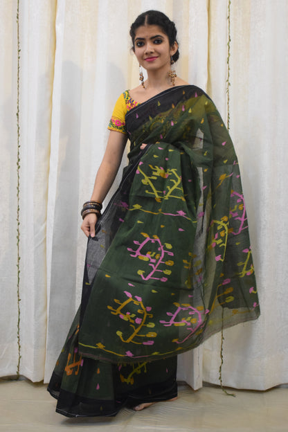 Urvi: Henna Green Khadi Cotton Jamdani Saree