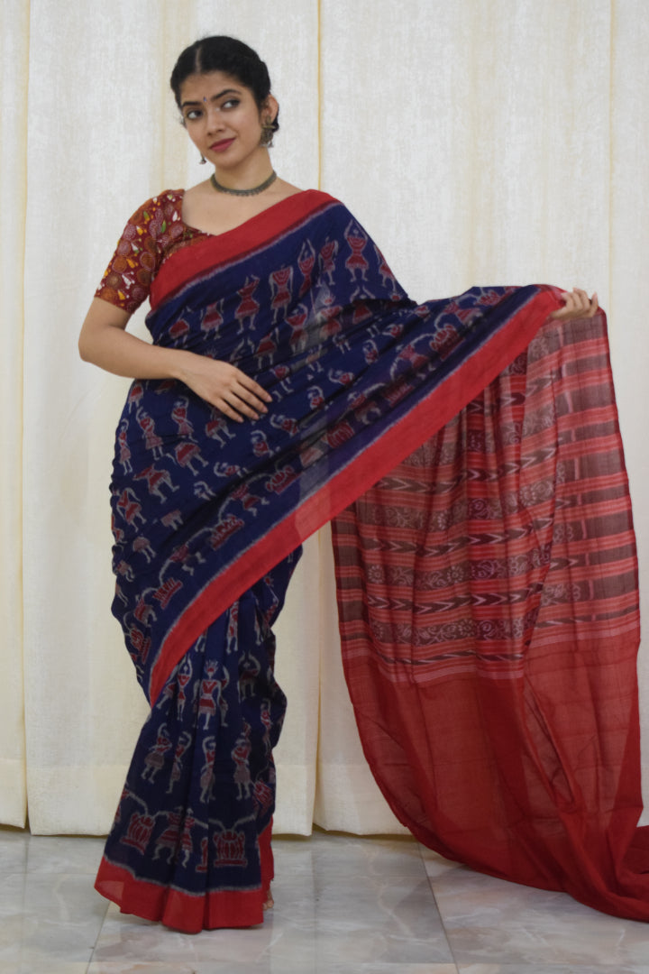 Neelambika: Blue and red sambalpuri cotton saree