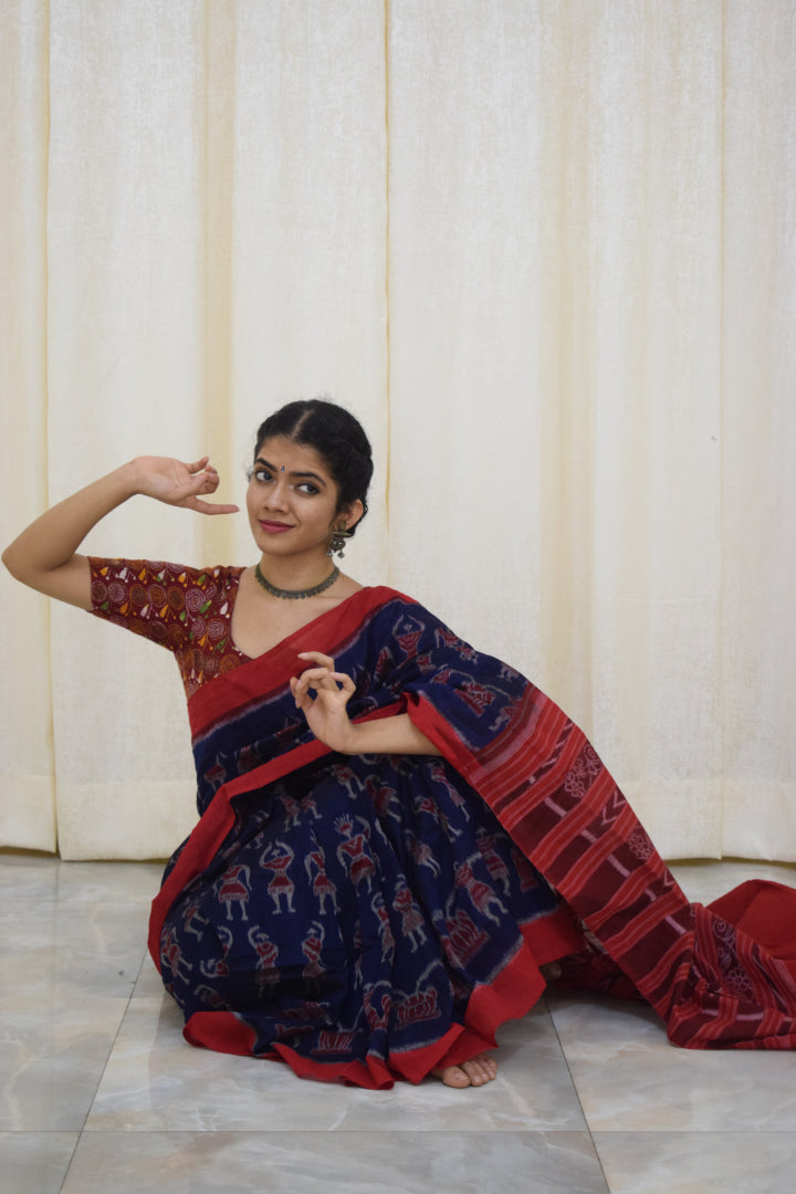 Neelambika: Blue and red sambalpuri cotton saree