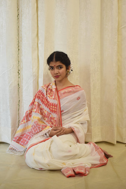 Aloka- White & Red Cotton Assamese Saree