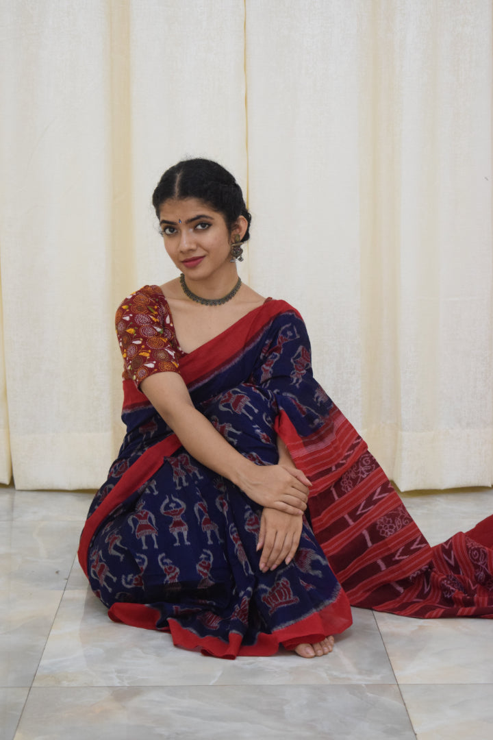 Neelambika: Blue and red sambalpuri cotton saree