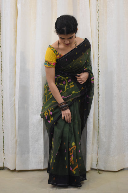 Urvi: Henna Green Khadi Cotton Jamdani Saree