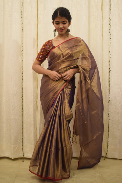 Rukmini : Gold-Lavender Mul-Zari Tissue Saree