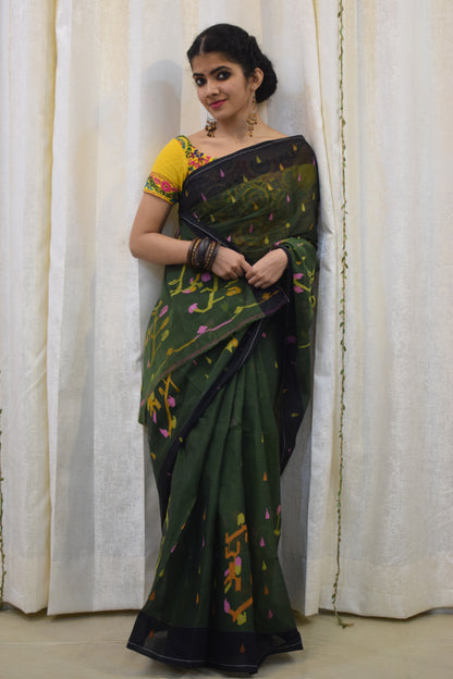 Urvi: Henna Green Khadi Cotton Jamdani Saree