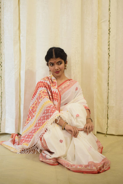 Aloka- White & Red Cotton Assamese Saree