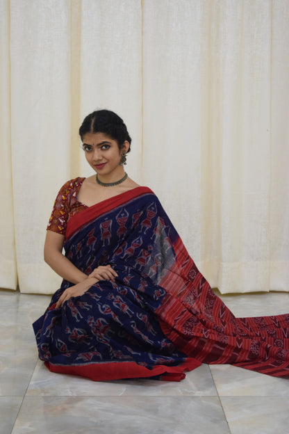 Neelambika: Blue and red sambalpuri cotton saree