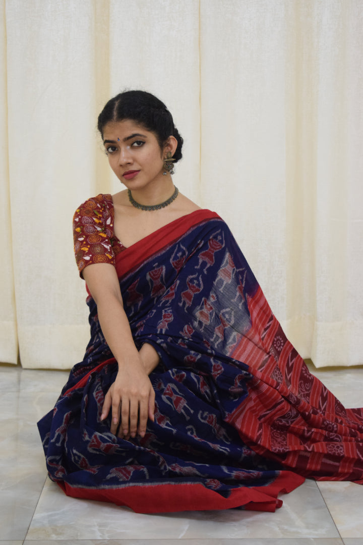 Neelambika: Blue and red sambalpuri cotton saree