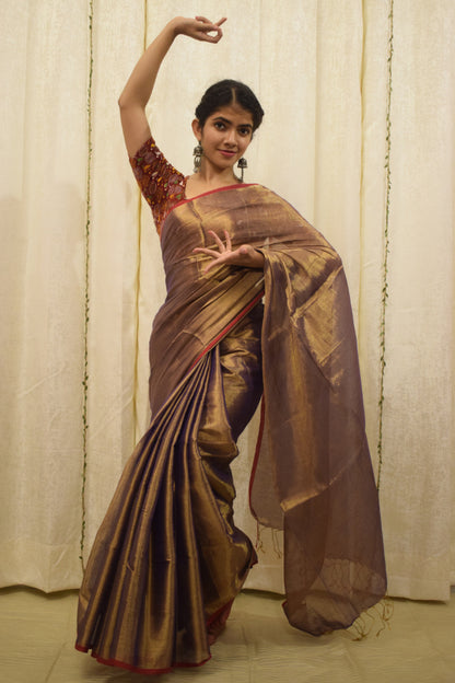 Rukmini : Gold-Lavender Mul-Zari Tissue Saree