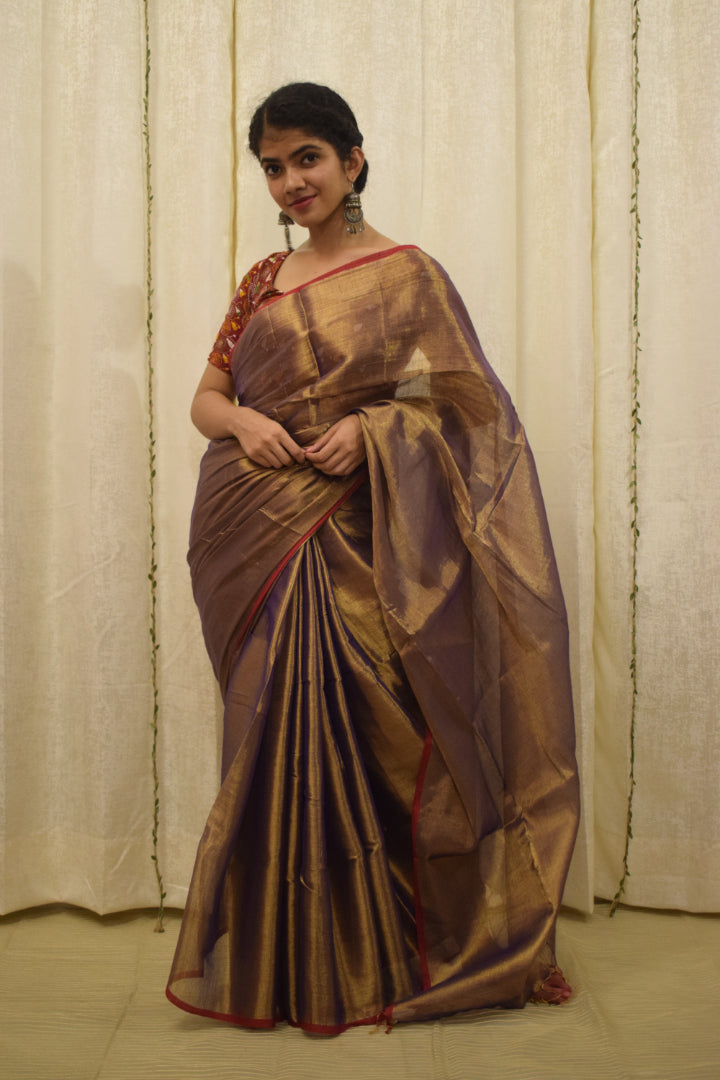 Rukmini : Gold-Lavender Mul-Zari Tissue Saree