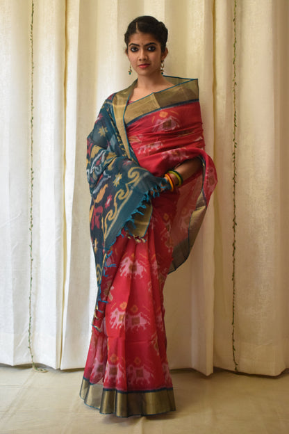 Gajalakshmi: Crimson Red Silk-cotton Ikat saree