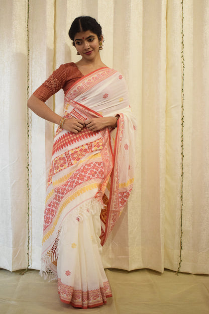 Aloka- White & Red Cotton Assamese Saree