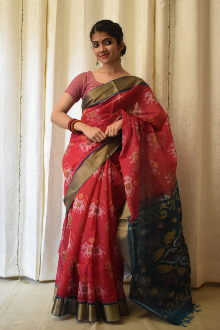 Gajalakshmi: Crimson Red Silk-cotton Ikat saree