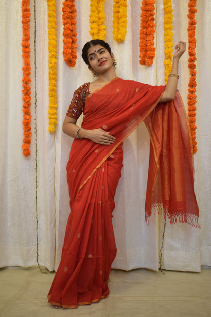 Kaushiki- Red Cotton Jamdani Saree