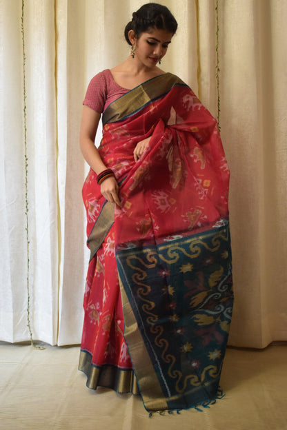 Gajalakshmi: Crimson Red Silk-cotton Ikat saree