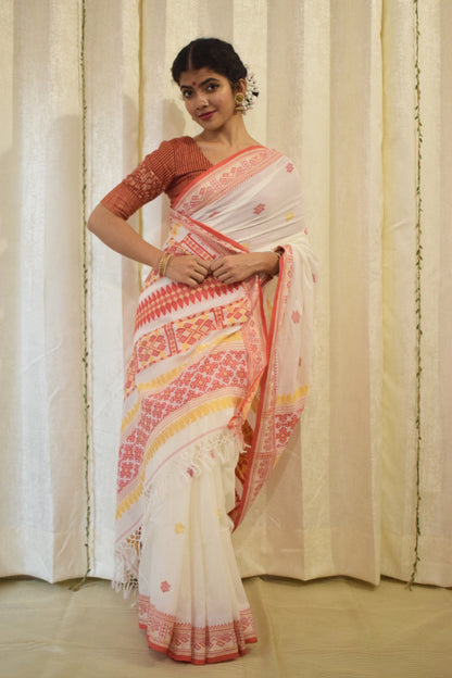 Aloka- White & Red Cotton Assamese Saree