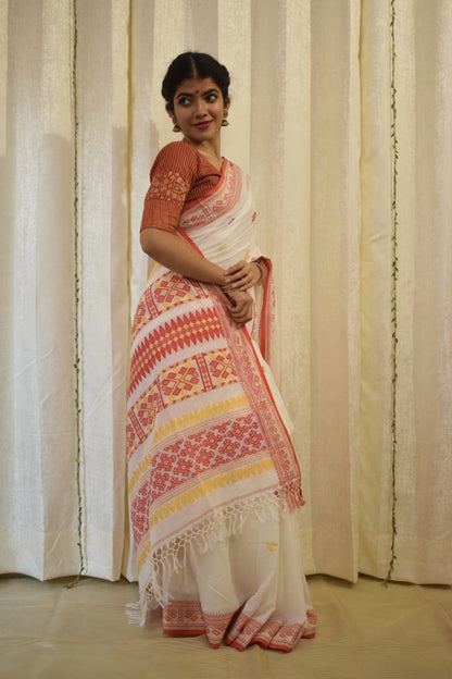 Aloka- White & Red Cotton Assamese Saree