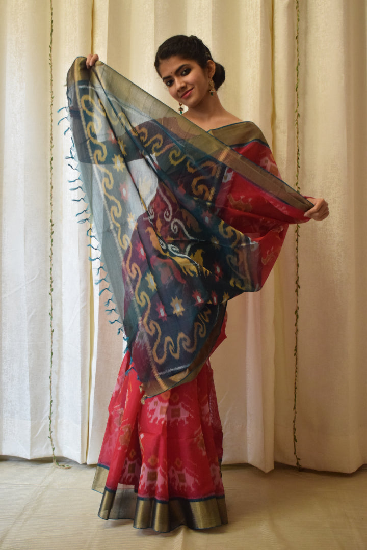 Gajalakshmi: Crimson Red Silk-cotton Ikat saree