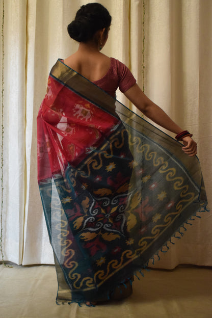 Gajalakshmi: Crimson Red Silk-cotton Ikat saree