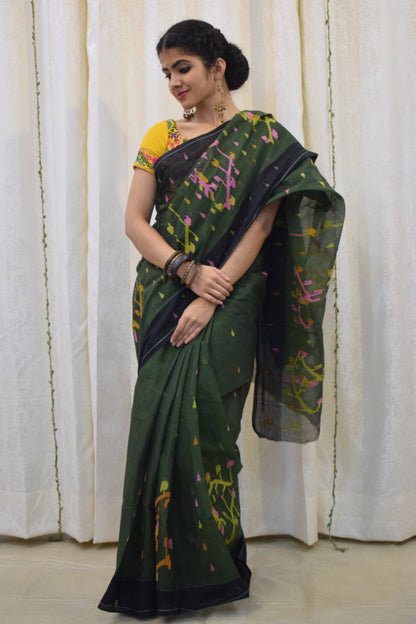 Urvi: Henna Green Khadi Cotton Jamdani Saree