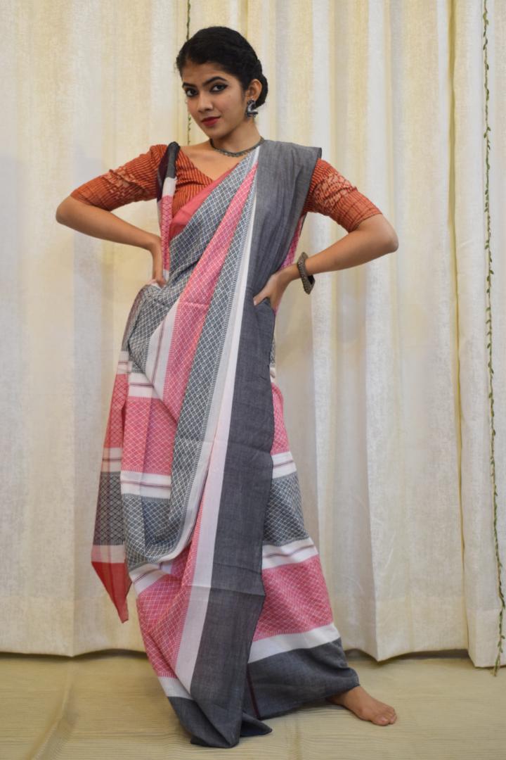 Toshani: Red & Grey Dhaniakhali Cotton Saree