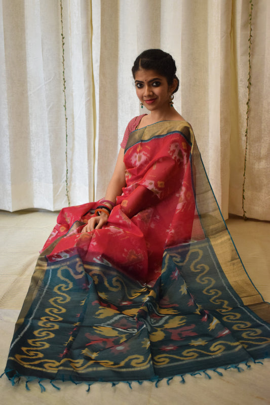 Gajalakshmi: Crimson Red Silk-cotton Ikat saree