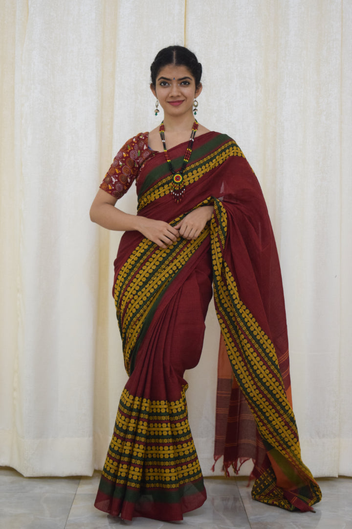 Jinisha: Maroon & Green Begumpuri cotton saree