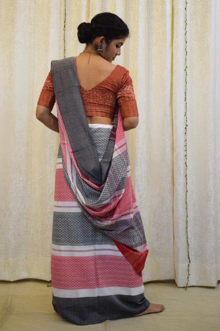 Toshani: Red & Grey Dhaniakhali Cotton Saree