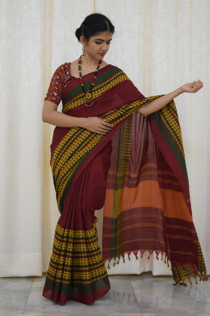 Jinisha: Maroon & Green Begumpuri cotton saree