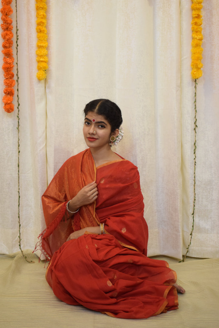 Kaushiki- Red Cotton Jamdani Saree