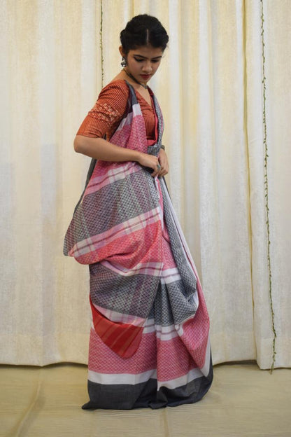 Toshani: Red & Grey Dhaniakhali Cotton Saree