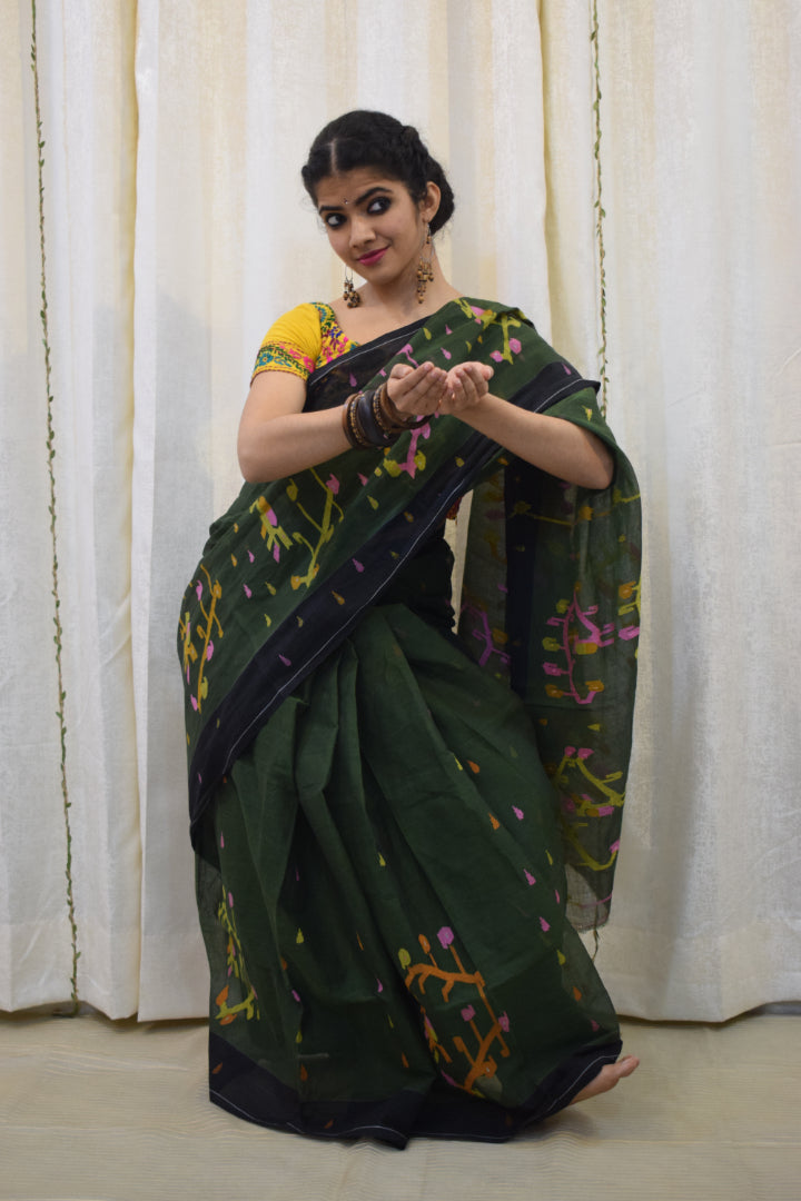 Urvi: Henna Green Khadi Cotton Jamdani Saree