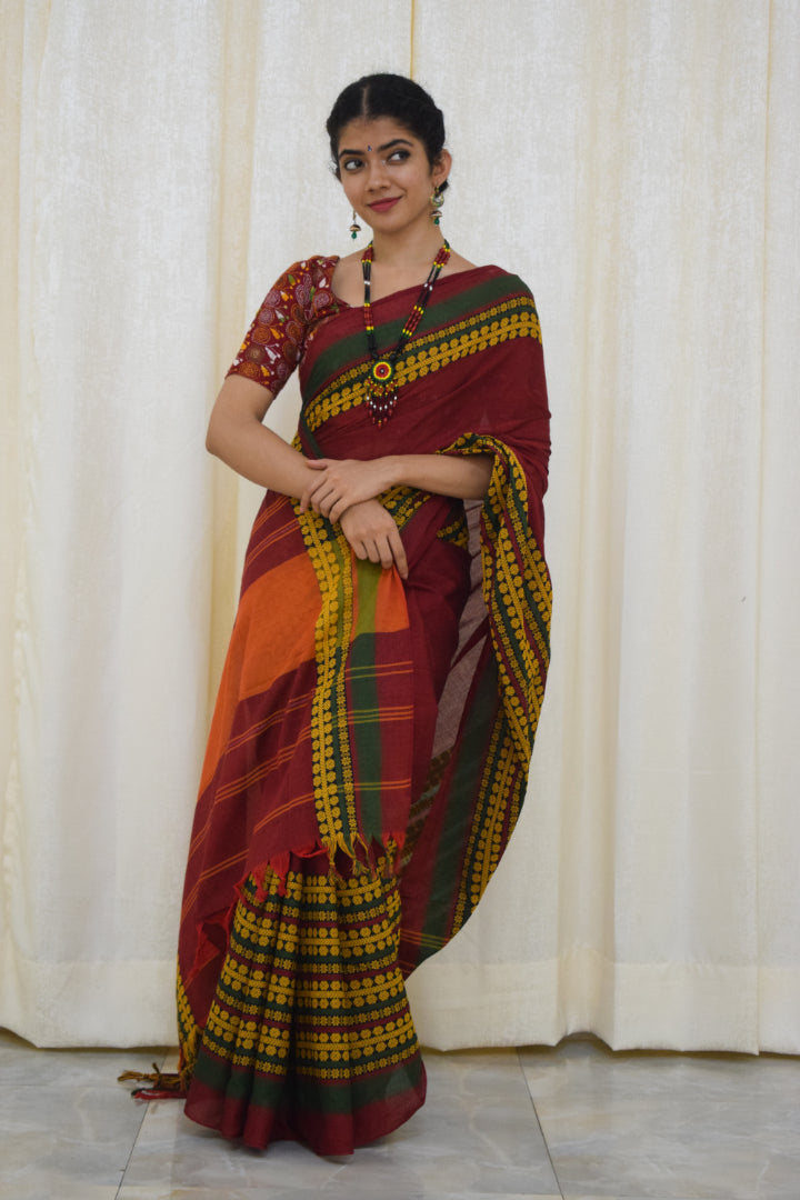 Jinisha: Maroon & Green Begumpuri cotton saree