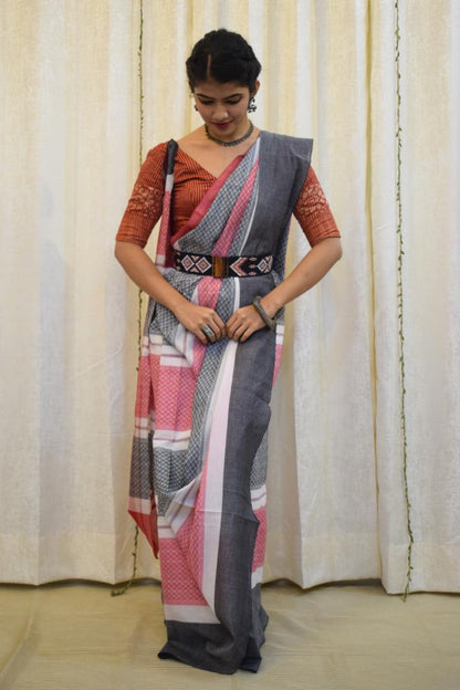 Toshani: Red & Grey Dhaniakhali Cotton Saree