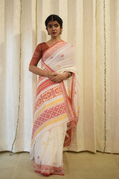 Aloka- White & Red Cotton Assamese Saree