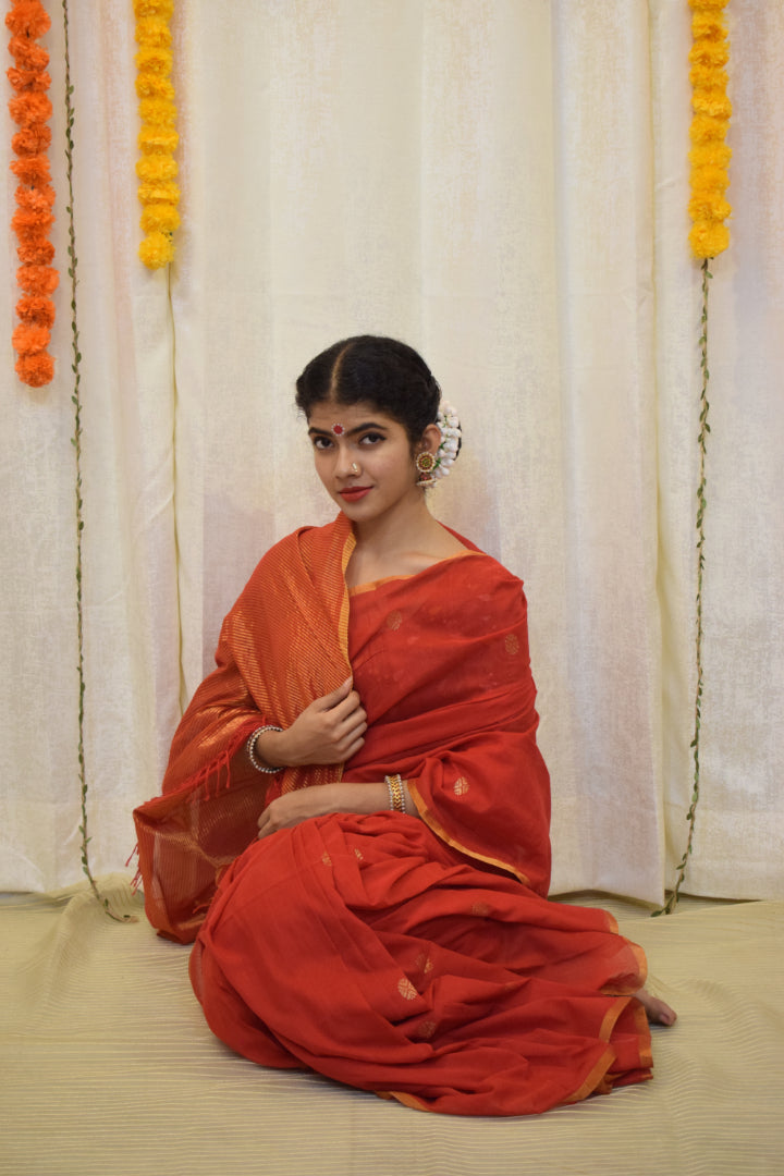 Kaushiki- Red Cotton Jamdani Saree