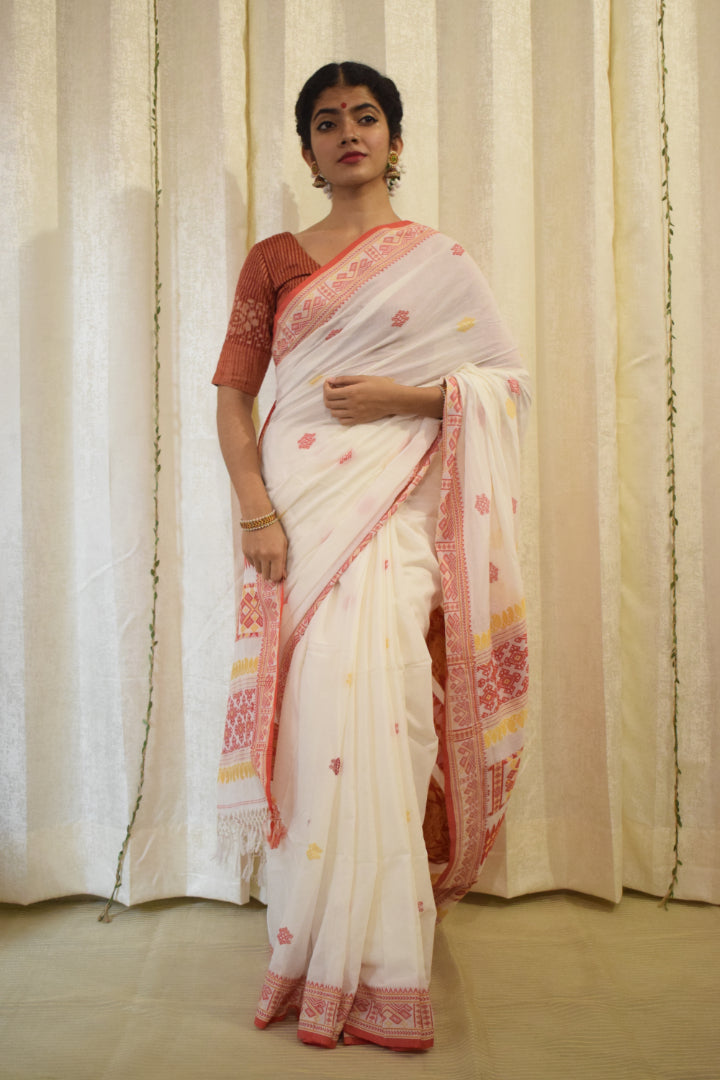 Aloka- White & Red Cotton Assamese Saree