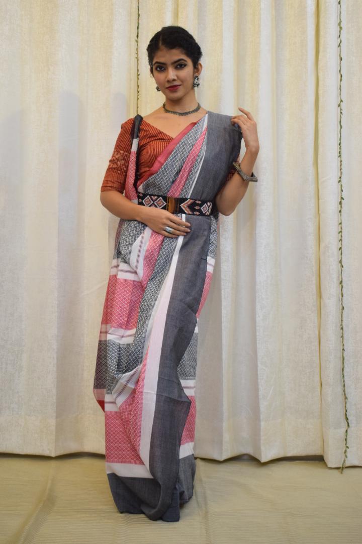 Toshani: Red & Grey Dhaniakhali Cotton Saree