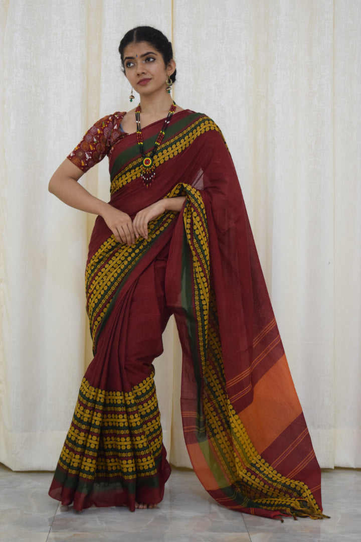 Jinisha: Maroon & Green Begumpuri cotton saree