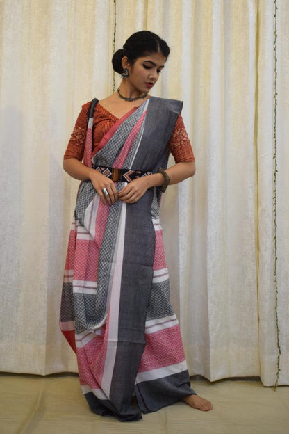 Toshani: Red & Grey Dhaniakhali Cotton Saree