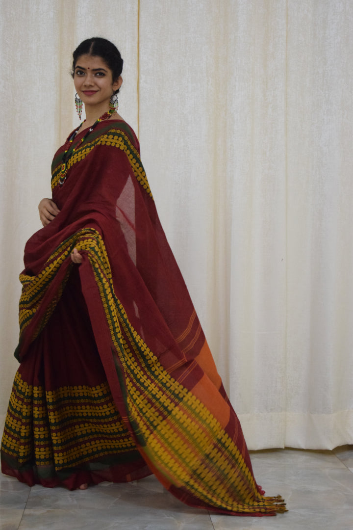 Jinisha: Maroon & Green Begumpuri cotton saree