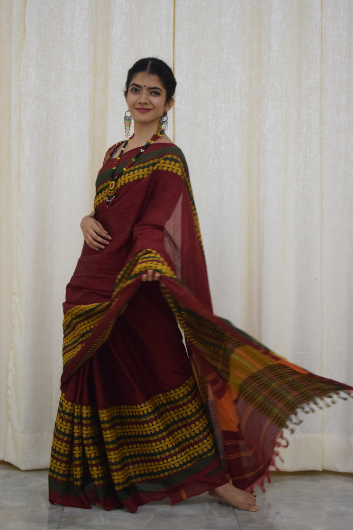 Jinisha: Maroon & Green Begumpuri cotton saree