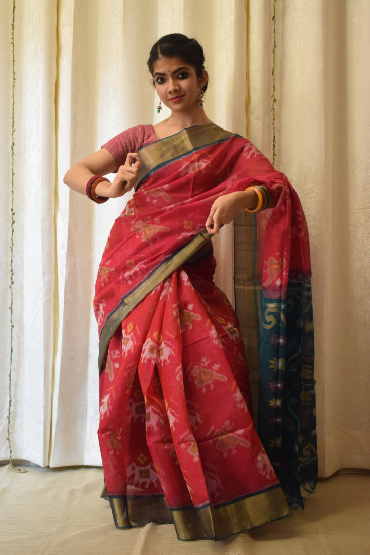 Gajalakshmi: Crimson Red Silk-cotton Ikat saree