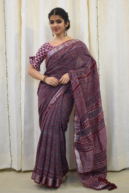 Pradnya: Maroon Linen Ajrakh Saree