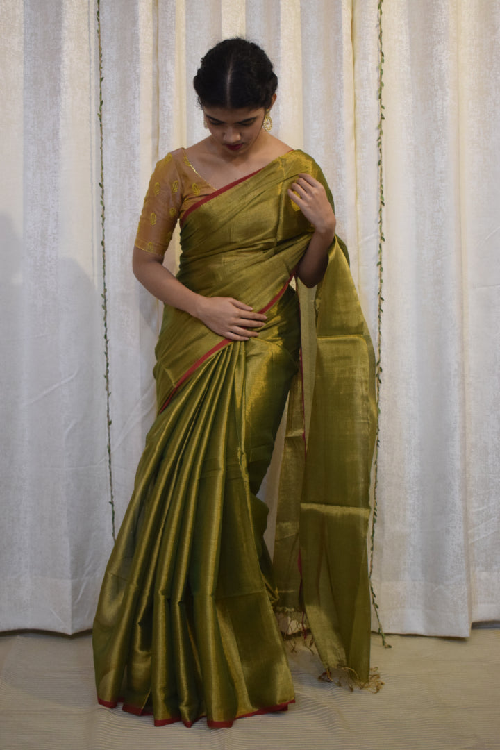 Amrapali: Olive Green Mul-Zari Tissue Saree