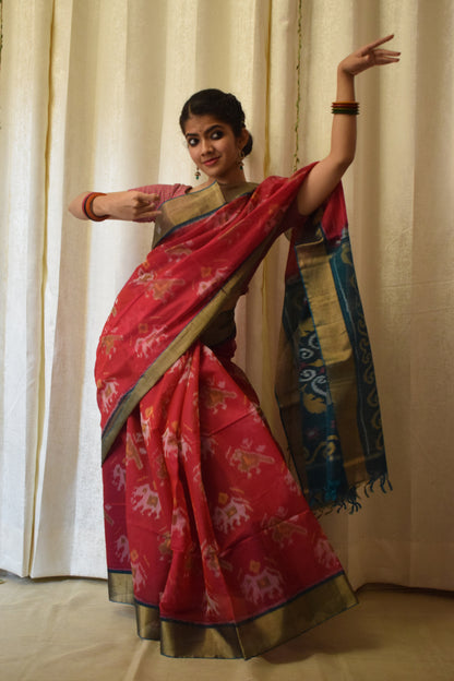 Gajalakshmi: Crimson Red Silk-cotton Ikat saree