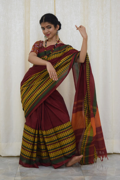 Jinisha: Maroon & Green Begumpuri cotton saree