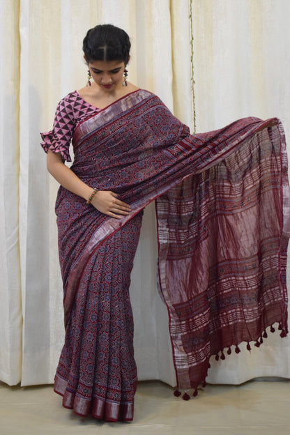 Pradnya: Maroon Linen Ajrakh Saree