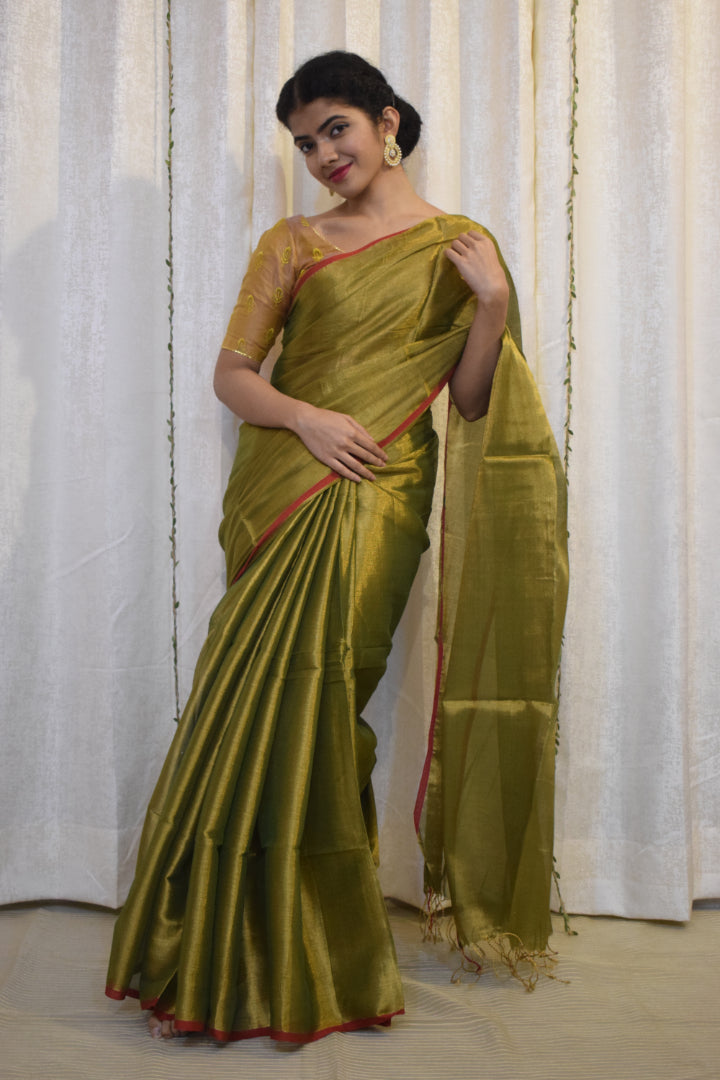 Amrapali: Olive Green Mul-Zari Tissue Saree